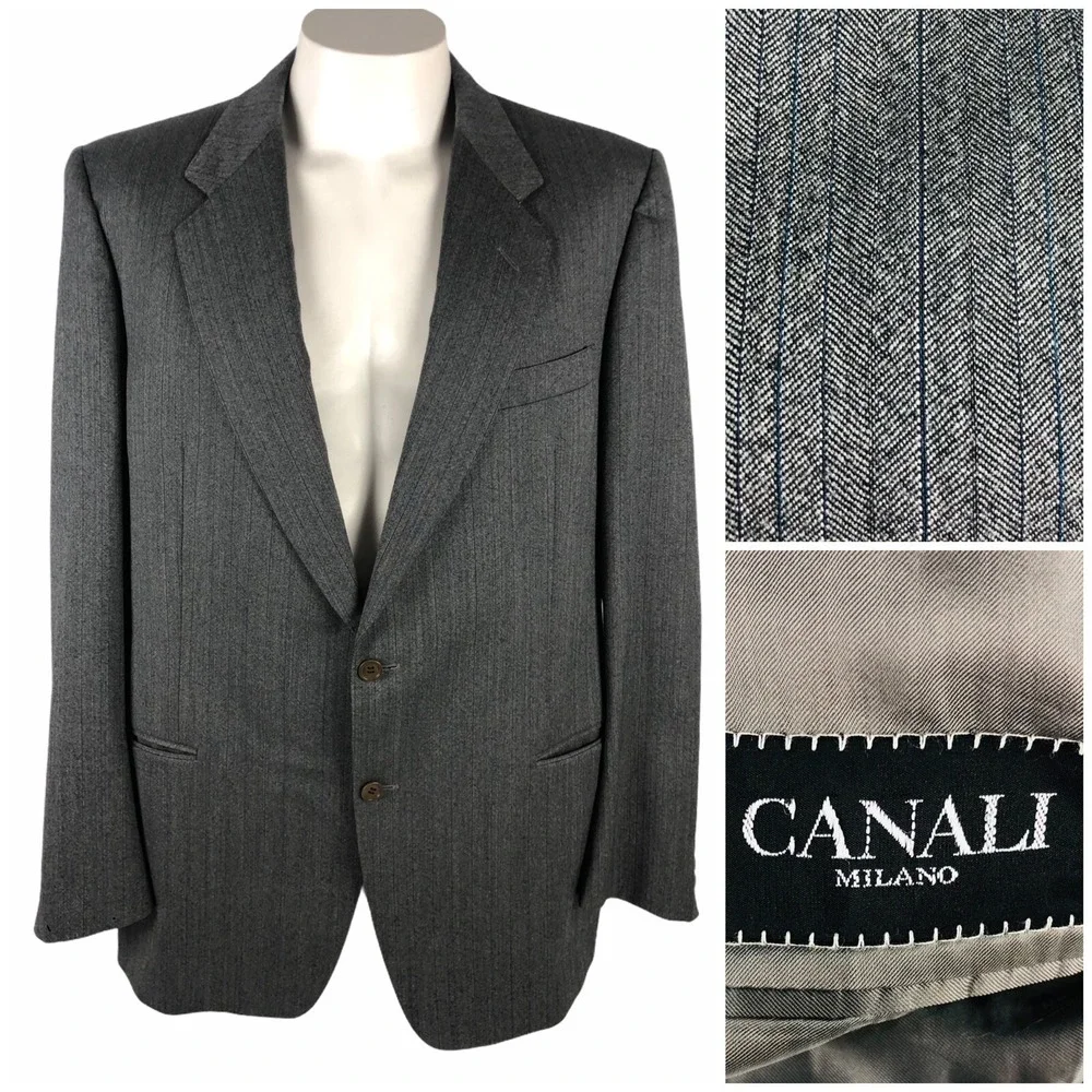 Canali Mens 46 56 Long Blazer Gray Herringbone Striped 100% Wool 2 Button Italy